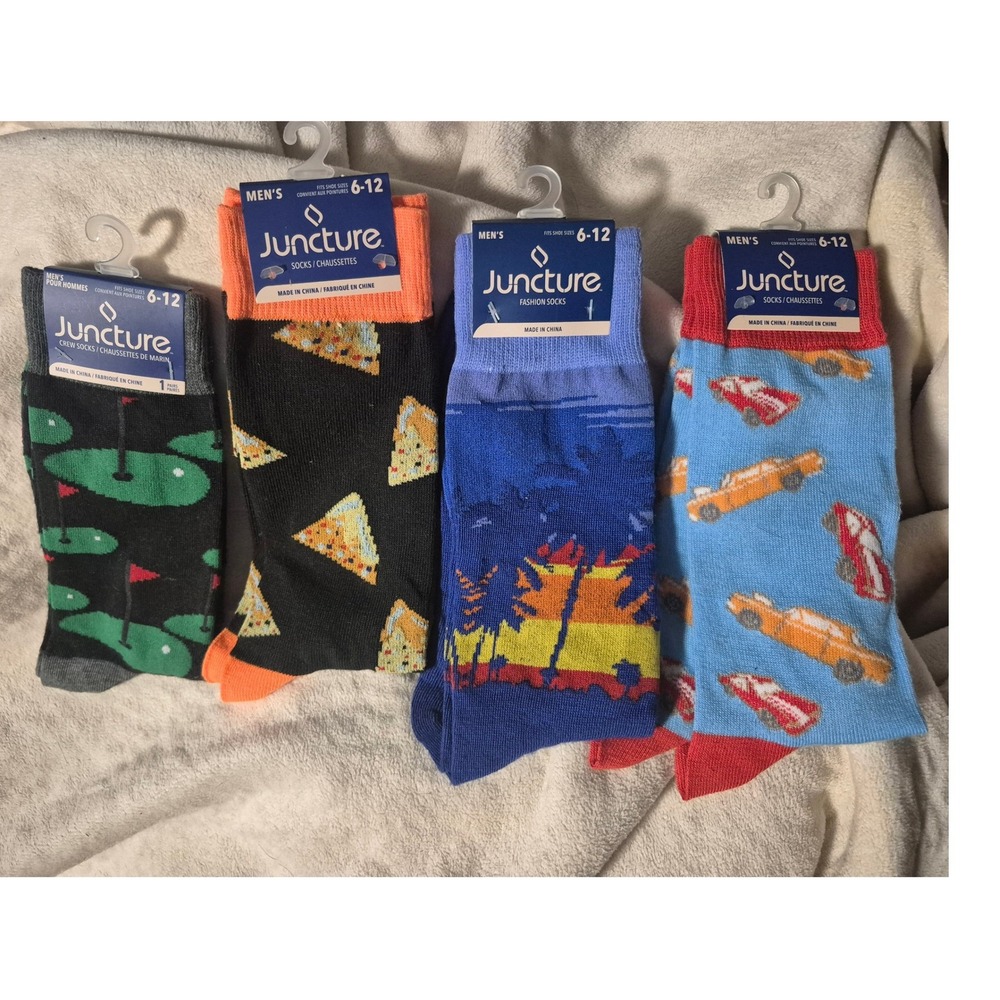 Juncture Mens Socks 6-12 Assorted Novelty Patterns Golf Pizza Palm‎ Tree Cars